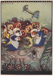 Ilustración de dos cobayas vestidas de sirvientas cuidando de un lagarto mientras dos erizos llevan una camilla al fondo para ayudarle.