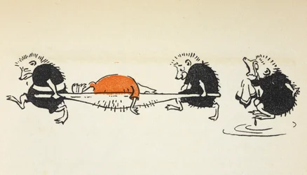 Ilustración de dos erizos que cargan con un jugador de croquet herido y son seguidos por otro erizo llorón.