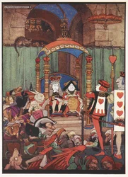 El Rey y la Reina de Corazones en su trono en la corte durante el juicio del Bribón de Corazones.