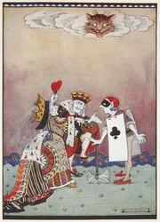 La Reina de Corazones gritando al Verdugo mientras el Rey de Corazones y el Gato de Cheshire miran.