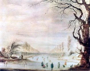 Un paisaje de invierno con patinadores sobre hielo