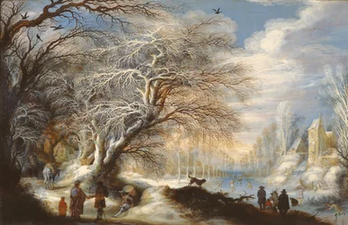 Patinadores en un canal o, paisaje de invierno