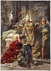 El bautismo de san Esteban (hacia 970-1038), santo y primer rey de Hungría, bautizado por san Adalberto de Praga. Según una obra de Gyula Benczúr. El príncipe húngaro Vajk es bautizado por san Adalberto de Praga y adopta el nombre de Esteban (san Esteban