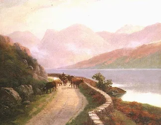 Pastor con vacas junto al lago Buttermere, al atardecer