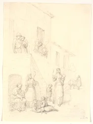 Mujeres y niños fuera de una casa italiana