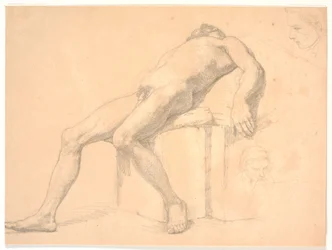 Estudio de hombre desnudo reclinado. A la derecha, dos cabezas de retrato, una posiblemente Constantin Hansen