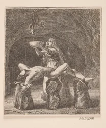 Sigyn sostiene el cuenco entre la serpiente y Loki