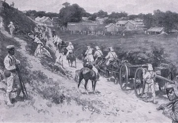 Expedición del Almirante Seymour: tropas japonesas en marcha (litografía)