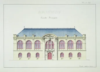 Fachada principal de una biblioteca, lámina XII de un folio de diseños, c.1870