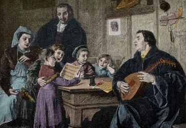 Martín Lutero (1483-1546) en medio de su familia (grabado después de H Stelzner)