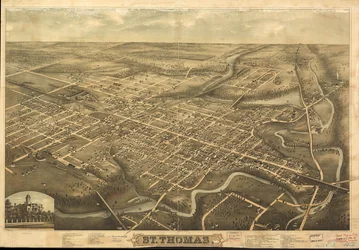 Mapa en perspectiva no dibujado a escala. Orientado con el norte hacia la parte inferior izquierda. Vista de pájaro. LC Panoramic maps (2nd ed.), 1074 Disponible también a través del sitio web de la Biblioteca del Congreso como imagen rasterizada. Incluye 