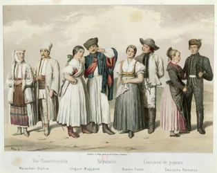 Trajes de campesinos de Rumanía, Hungría, Eslovaquia y Alemania (de izquierda a derecha), de «Bosquejos de la vida popular en Hungría» de Gabriel de Pronay, 1855