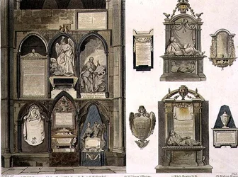 Lado Oeste del Rincón de los Poetas, lámina 25 de la Abadía de Westminster, grabado por J. Bluck, publicado por Rudolph Ackermann, 1811