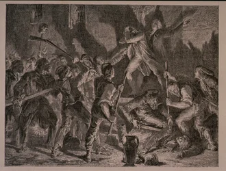 La Masacre en las Prisiones en septiembre de 1792, grabado por Jean-Baptiste Charles Carbonneau (n.1815)