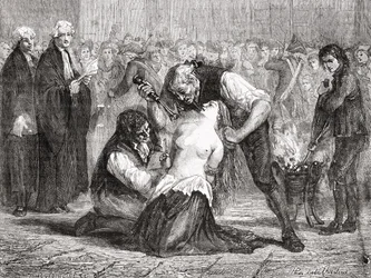 La tortura de Madame de la Motte, grabada por Meyer-Heine, de 