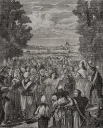 Las mujeres marchan sobre Versalles, 5-6 de octubre de 1789, grabado por Pannemaker-Ligny, de 