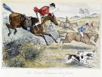 Escena de caza, caricatura inglesa sobre la caza del zorro, tomada de las “aventuras de Thomas Scott o Hawbuck Grange”, ilustración de H.K. Browne y W.T. Maud