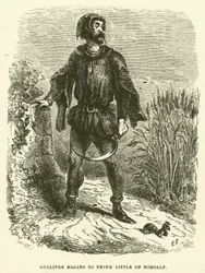Gulliver empieza a pensar poco de sí mismo (grabado)