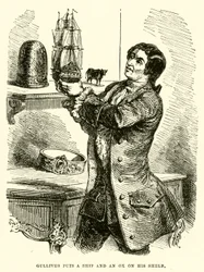 Gulliver pone un barco y un buey en su estante (grabado)