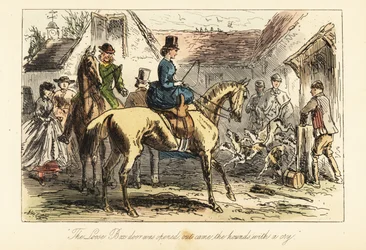 Cazadores y mujeres observando a los perros de caza salir de un corral antes de una cacería