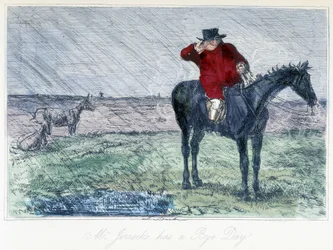 Escena de caza de caballos en un día lluvioso. Caricatura inglesa sobre la caza del zorro de las "aventuras de Thomas Scott o Hauwbuck Grange", ilustración de H.K. Browne y W.T. Maud.