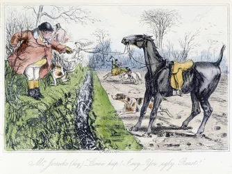 Escena de caza a caballo. Caricatura inglesa sobre la caza del zorro de "Las aventuras de Thomas Scott o Hawbuck Grange", ilustración de H.K. Browne y W.T. Maud