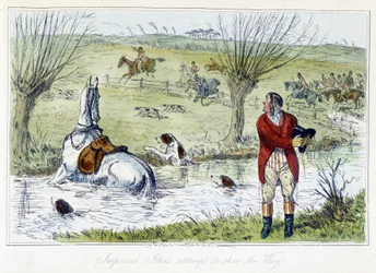 Cazador y su caballo caen en un abrevadero. Caricatura inglesa sobre la caza del zorro de las “aventuras de Thomas Scott o Hawbuck Grange”, ilustración de H.K. Browne y W.T. Maud