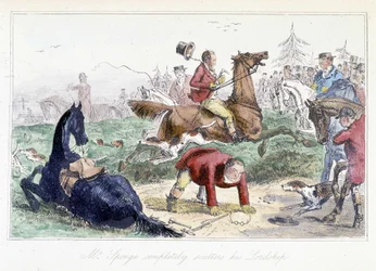 Cazador cae de su caballo. Caricatura inglesa de las aventuras de Thomas Scott o Hawbuck Grange, ilustración de H.K. Browne y W.T. Maud