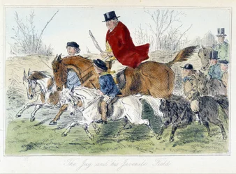 Escena de caza, caricatura inglesa sobre la caza del zorro de "Adventures of Thomas Scott or Hawbuck Grange", ilustración de H.K. Browne y W.T. Maud