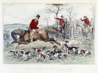 Escena de caza en "Las aventuras de Thomas Scott", ilustración de H.K. Browne y W.T. Maud; caricatura inglesa sobre la caza del zorro