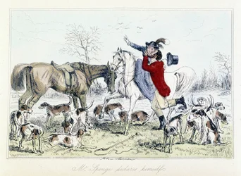 El Sr. Sponge se declara. Caricatura inglesa sobre la caza del zorro en "The Adventures of Thomas Scott", ilustración de H.K. Browne y W.T. Maud