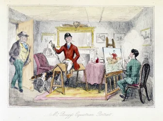 Pintor realizando el retrato ecuestre del Sr. Bragg en "Las aventuras de Thomas Scott", ilustración de H.K. Browne y W.T. Maud. Caricatura inglesa sobre la caza del zorro