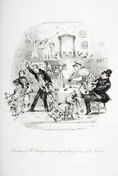 Emoción del Sr. Kenwigs al escuchar las noticias familiares de Nicholas, ilustración de 