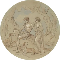 Uno de los dieciocho diseños para una serie de láminas que ilustran Venus y Adonis