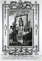 La desafortunada muerte del Mayor Andre, Ayudante General del Ejército Inglés, en el Cuartel General en Nueva York, 2 de octubre de 1780, grabado por John Goldar (1729-1795)