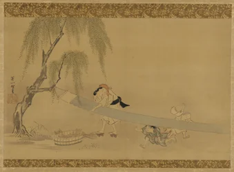 Mujer estirando tela para secar, dos niños jugando, período Edo, finales del siglo XVII-principios del siglo XVIII