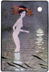 Joven japonés bañándose en un estanque a la luz de la luna - en «Japanese Doll» de Félicien Champsaur, ilustración de Hanabusa Itchō, París
