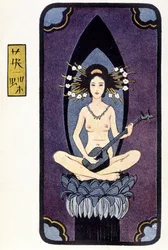 Joven japonesa desnuda tocando shamisen (o samisen: laúd de tres cuerdas) - en "Muñeca japonesa" de Félicien Champsaur, ill. Hanafusa Itcho, París