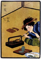 Joven japonés esperando una visita mientras fuma opio - en “Muñeca japonesa” de Félicien Champsaur, ill. Hanafusa Itcho, París