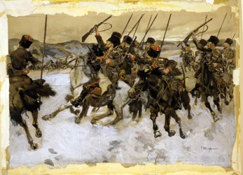 Cosacos rusos atacando un tren de equipajes (acuarela)