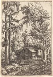 Paisaje con vista de la cabaña de un granjero
