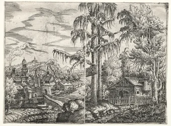 Paisaje con la ciudad en un río y la cabaña entre árboles