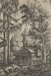 Una cabaña y dos pinos