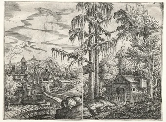 Paisaje con la ciudad en un río y la cabaña entre árboles, 1551