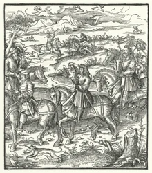 Archiduque Maximiliano de Austria cazando garzas (grabado)
