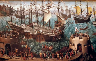 Embarque de Enrique VIII (1491-1547) en Dover en el galeón Henri Grace a Dieu" con ocasión del comercio firmado con François I (el Camp du Drap d