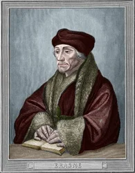 Retrato de Didier Erasme (Erasmo de Rotterdam) (1469-1536), humanista holandés. Grabado después del original de Holbein Hans el Joven (1497-1543). Grabado de 1859 en “las galerías de Europa - Italia” por Armengaud. Colección privada.