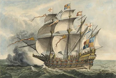 El Gran Harry El primer buque de guerra que llevaba cañones, construido en Woolwich en el reinado de Enrique VIII
