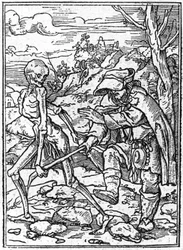 Las simulaciones de la muerte de Hans Holbein el Joven (1497-1543): el ciego. La muerte agarra el bastón del ciego y actúa como guía. Grabado