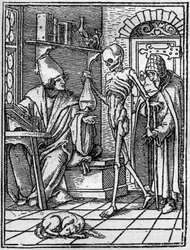 Las simulaciones de la muerte de Hans Holbein el Joven (1497-1543): el doctor. La Muerte se interpone entre el doctor y su paciente. Grabado
